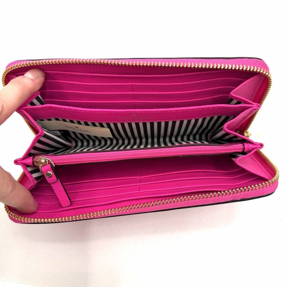 Kate Spade Zip Around Hot Pink Leather Wallet B&W Striped Interior - Picture 2 of 11